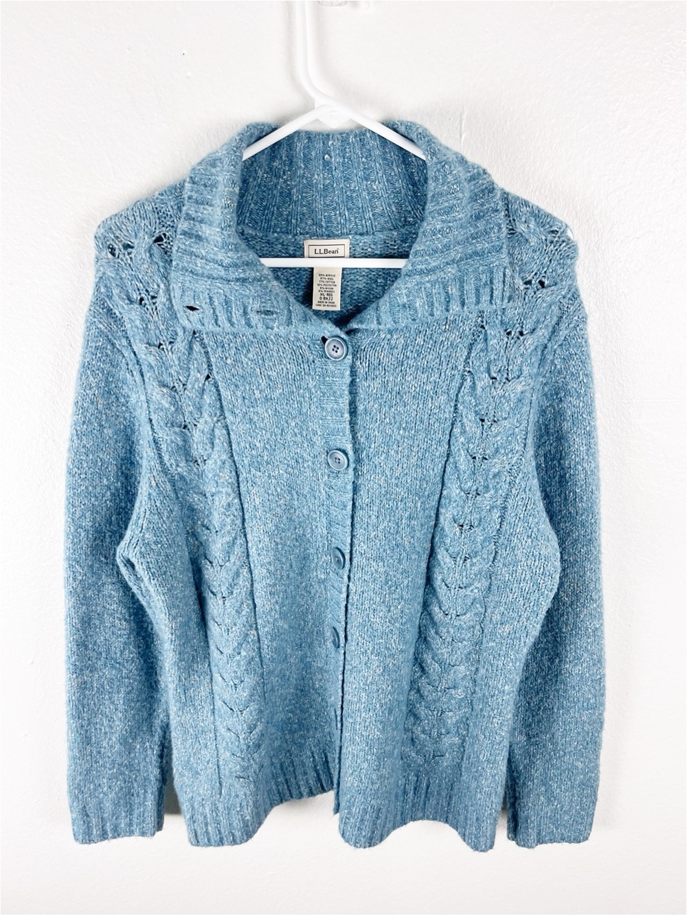 L.L. BEAN Wool Blend Chunky Cable Knit Button Cardigan XL Cabin Casual Cozy